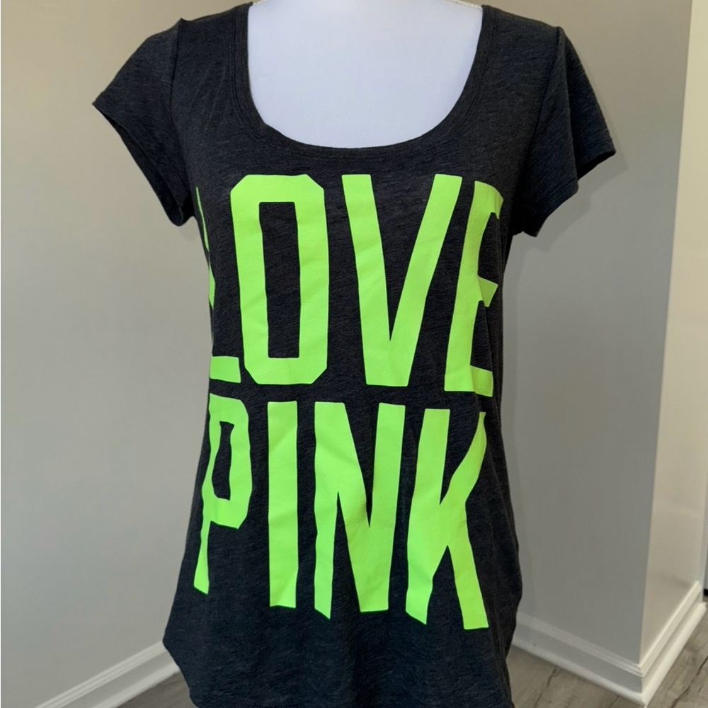 Victoria’s Secret PINK Neon Graphic Tee Charcoal Gray Shirt M Preppy 2000s‎